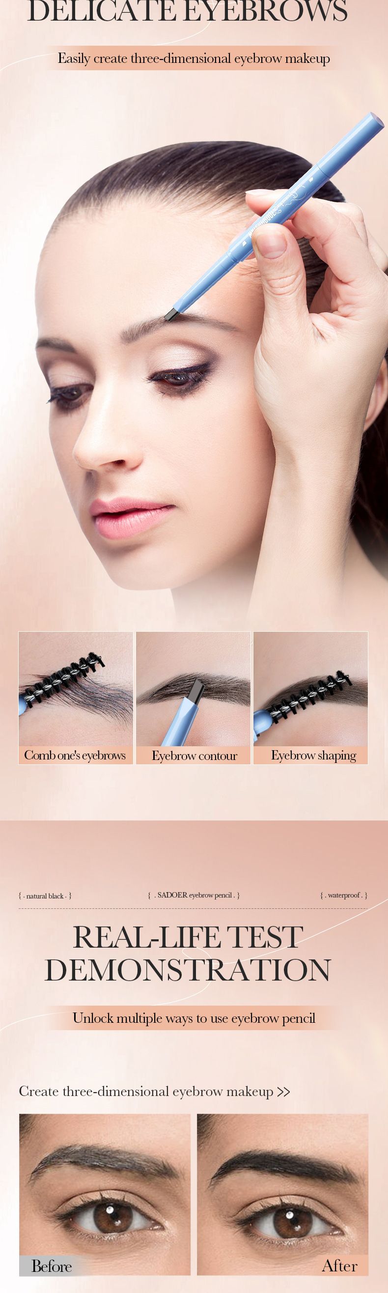 SADOER Wasserfester Augenbrauenstift (3 Farben, langanhaltend, definiert jedes einzelne Härchen) – Text komplett in Englisch; Eyeliner_voghion.com