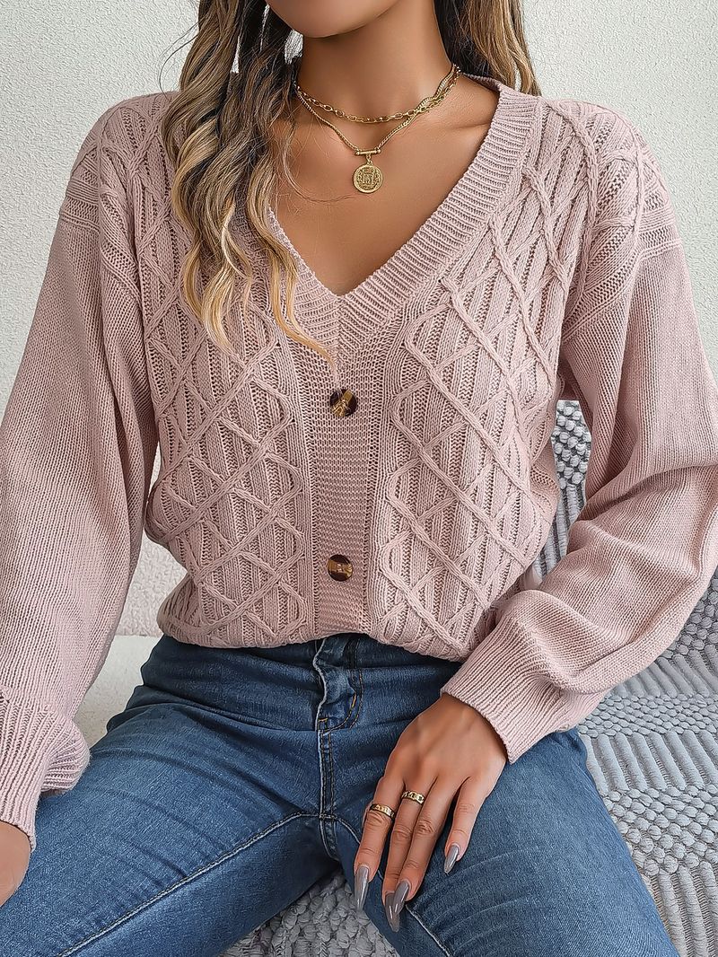 Maglione pullover con maniche a lanterna intrecciate e bottoni casual stile autunno inverno per donna_voghion.com