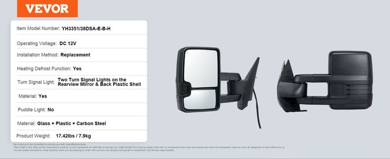VEVOR Towing Mirrors Fit For Chevy For GMC 2007-2014 For Silverado/for Sierra Power Control Heated With Signal Light & LED Driving Light, Manual Telescoping Folding, Black_voghion.com