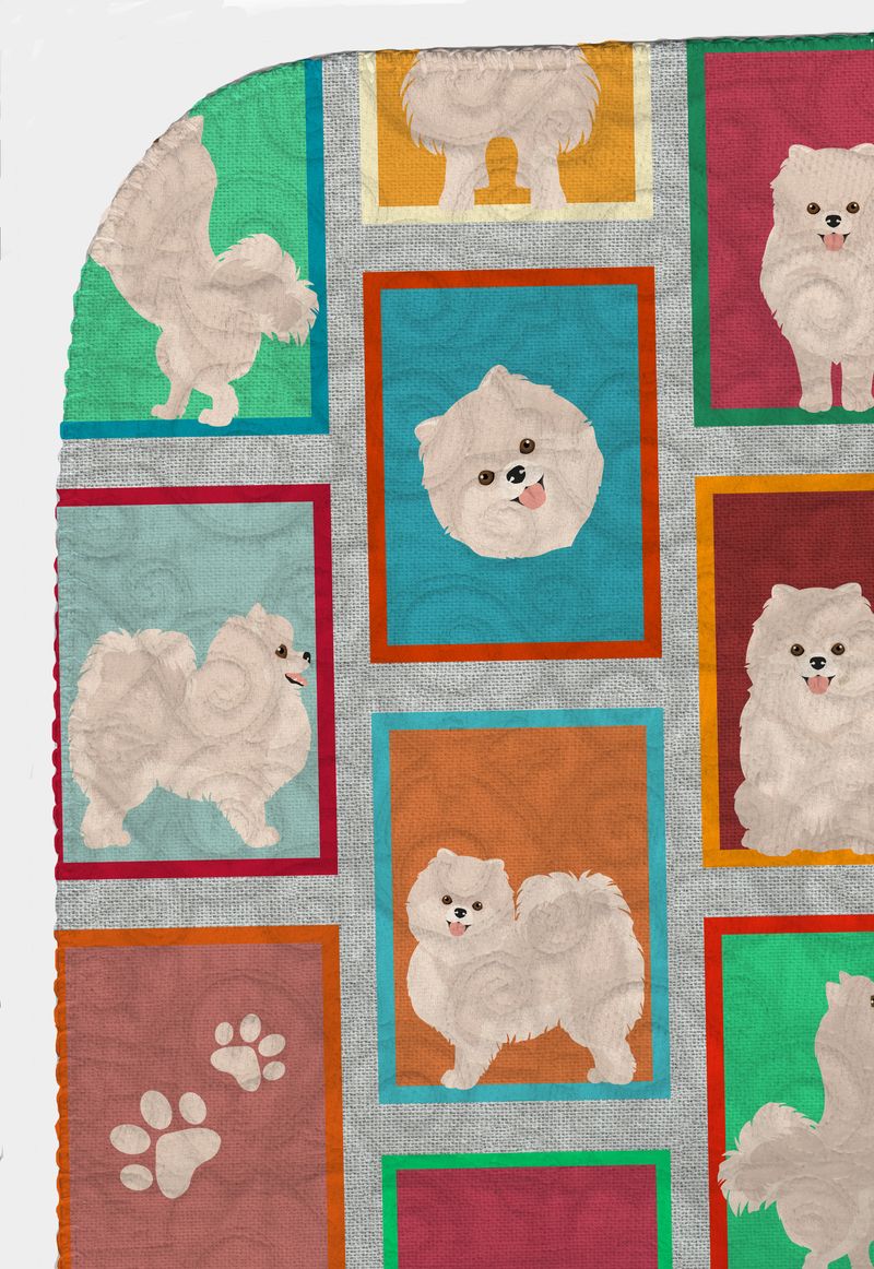 Lots of White Pomeranian Quilted Blanket 50x60 Artwork Pattern Quilted Throw Blanket for Bed, Couch, Sofa, Soft and Lightweight_voghion.com