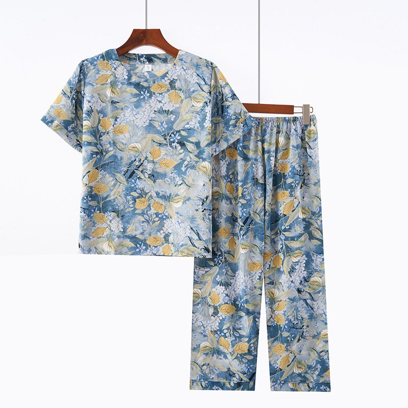 Conjunto de duas peças para mulheres de meia-idade e idosas, verão, gola redonda, estampado, manga curta, solto, casual, confortável, avó_voghion.com