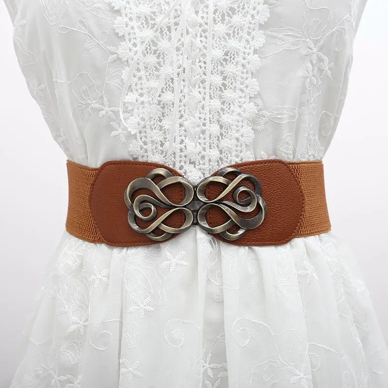 New Cover Style Fashion Retro Rose Legierung Knopfkopf Breiter elastischer Daunenmantel Damen Taillengürtel_voghion.com