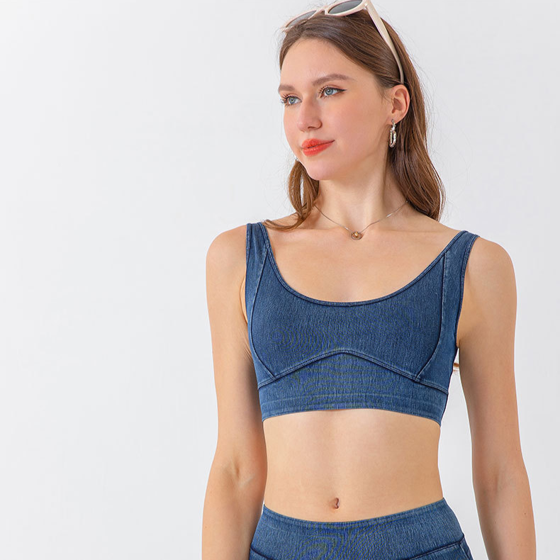 Reggiseno fitness push-up antiurto ad alta resistenza elastico aderente da donna in denim per yoga_voghion.com