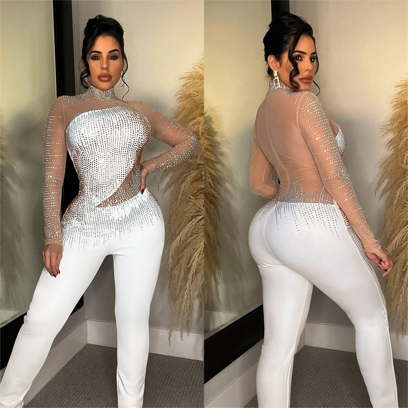 Damenbekleidung Mode Damen Einfarbig Mesh Hot Diamond Langarmhose Jumpsuit_voghion.com