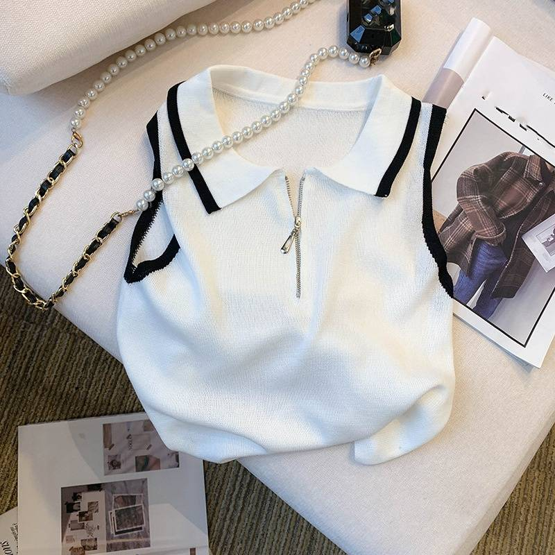 Damenbekleidung Echter Schuss des neuen Sommerdesigns Nischenkontrastfarbe Reißverschlussweste Hosenträger Strickoberteile für Frauen_voghion.com