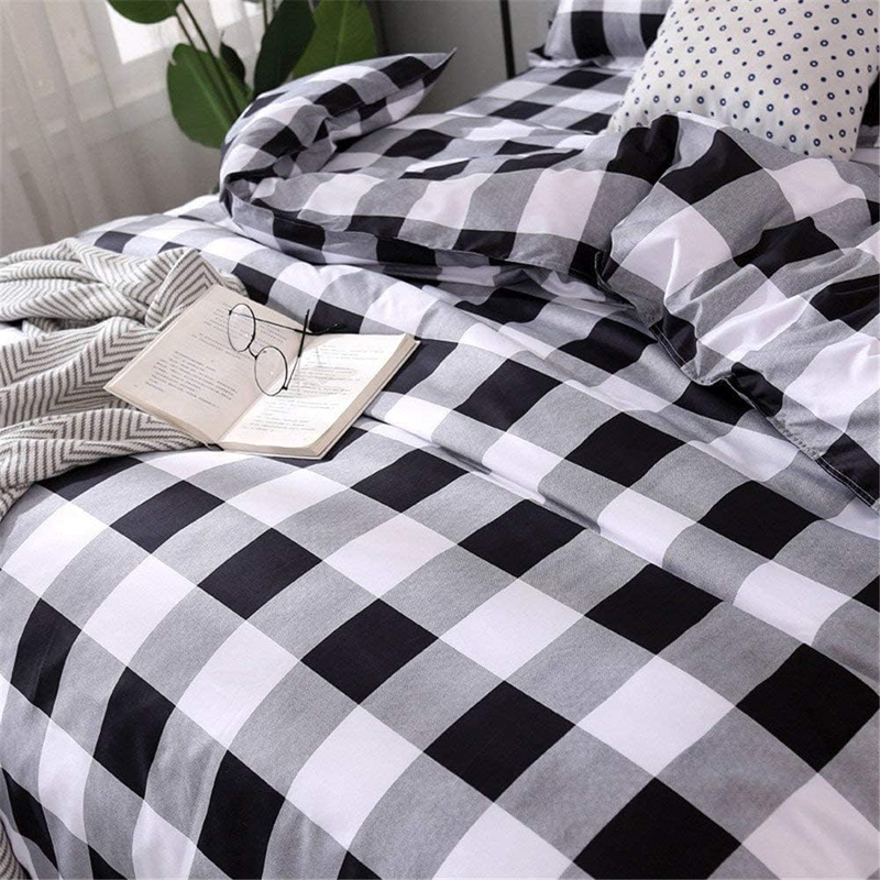 Kariertes Bettwäscheset, schwarz-grau-weiß, karierter Bettdeckenbezug, Einzelbett, weiche, leichte Gitter-Tagesdecken, 1 Gitter-Bettbezug, 2 Kissen_voghion.com