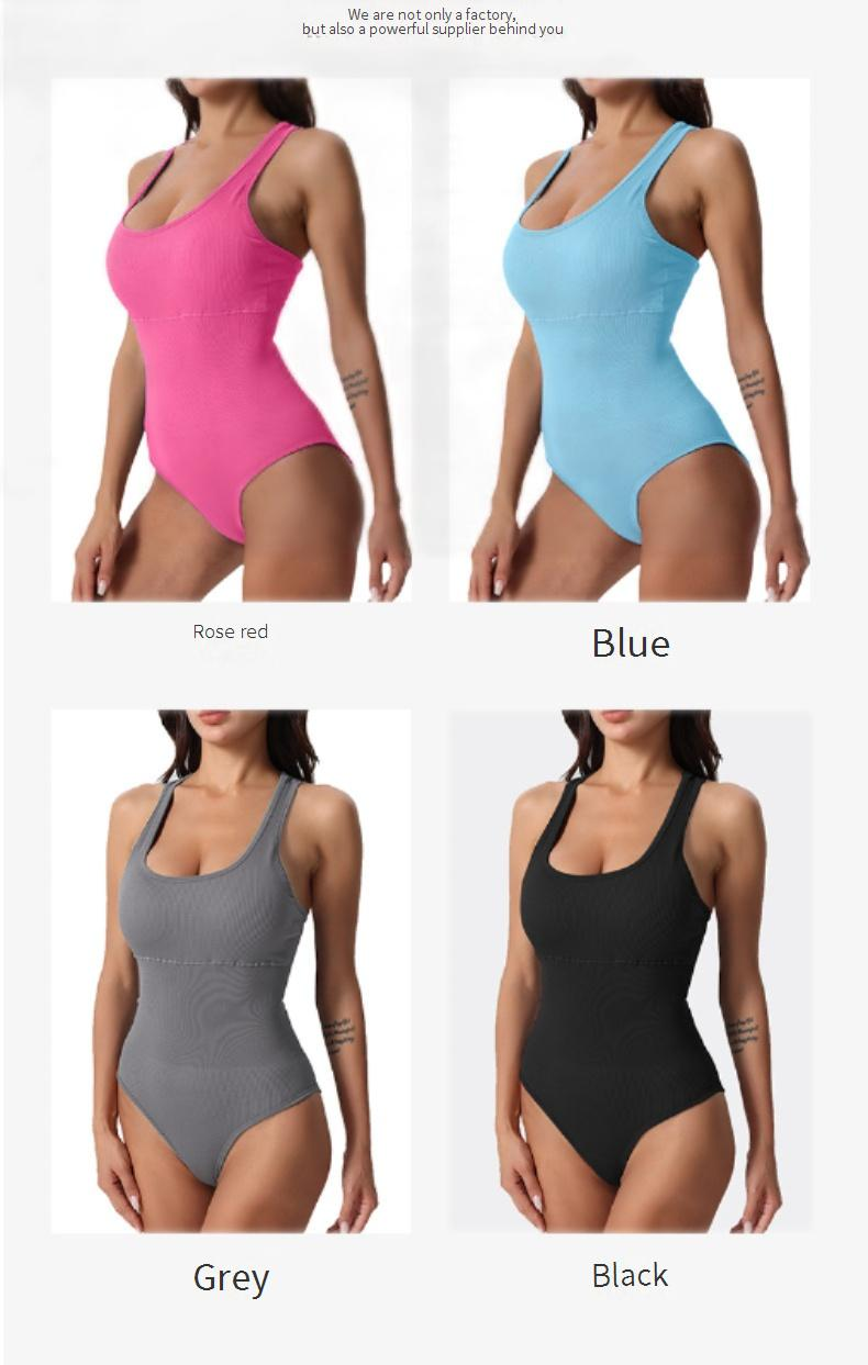 Vêtements pour femmes, une pièce tricotée sans couture, sexy, côtelée, moulante, sans manches, col carré, gilet avec coussinet de poitrine, vêtements de yoga et de fitness_voghion.com