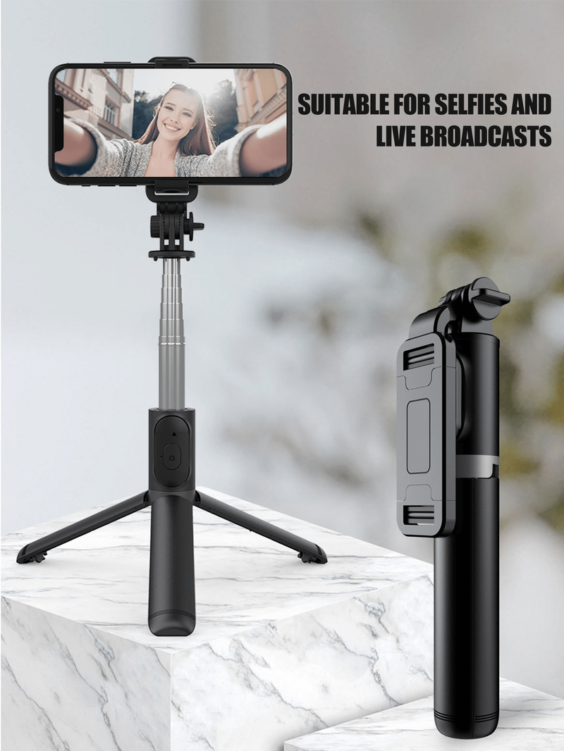 1 musta laajennettava jalusta kannettava puhelimen selfiekeppi, 360° pyörivä tärinänvaimennus, selfiekepin pidike pöytätietokoneelle, teleskooppinen jalusta langaton Bluetooth_voghion.com