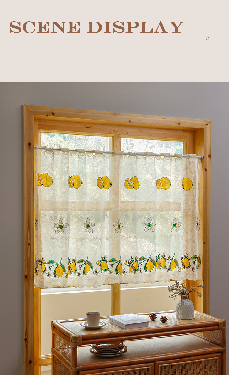 Lemon & Strawberry Embroidery Sheer Curtains - No Drill Cafe Curtains, 100% Polyester, Light Filtering & Dustproof Tier Curtains_voghion.com
