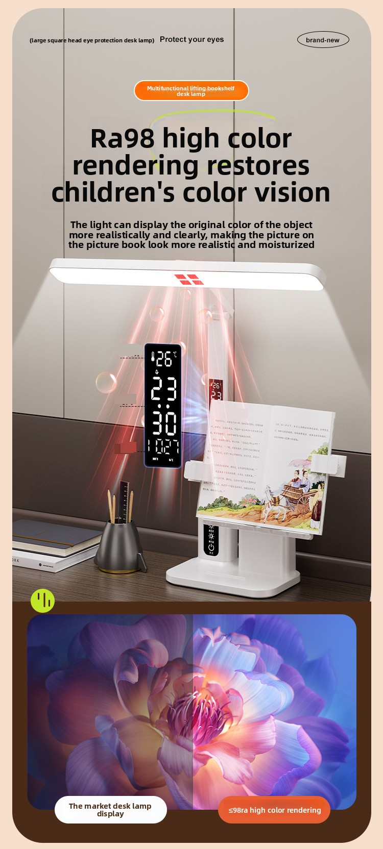 Lampada da scrivania a LED con orologio e leggio – Luce di lettura Eye-Care, luminosità regolabile, 3 modalità colore, controllo touch_voghion.com