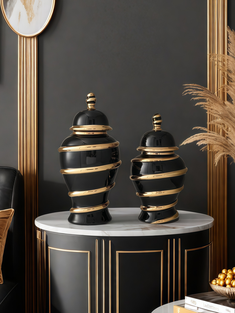 1 vase décoratif en céramique à rayures dorées avec couvercle, design léger et luxueux, pouvant contenir de l'eau, pour arrangement floral, vase décoratif_voghion.com
