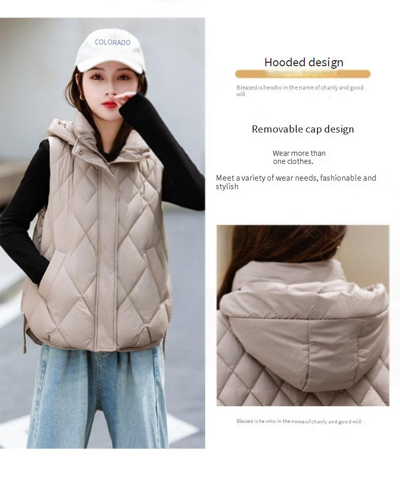 Gilet matelassé à capuche pour femme - Gilet court et léger pour l'hiver, vêtement d'extérieur chic et décontracté, couleurs unies (blanc, noir, kaki, café)_voghion.com