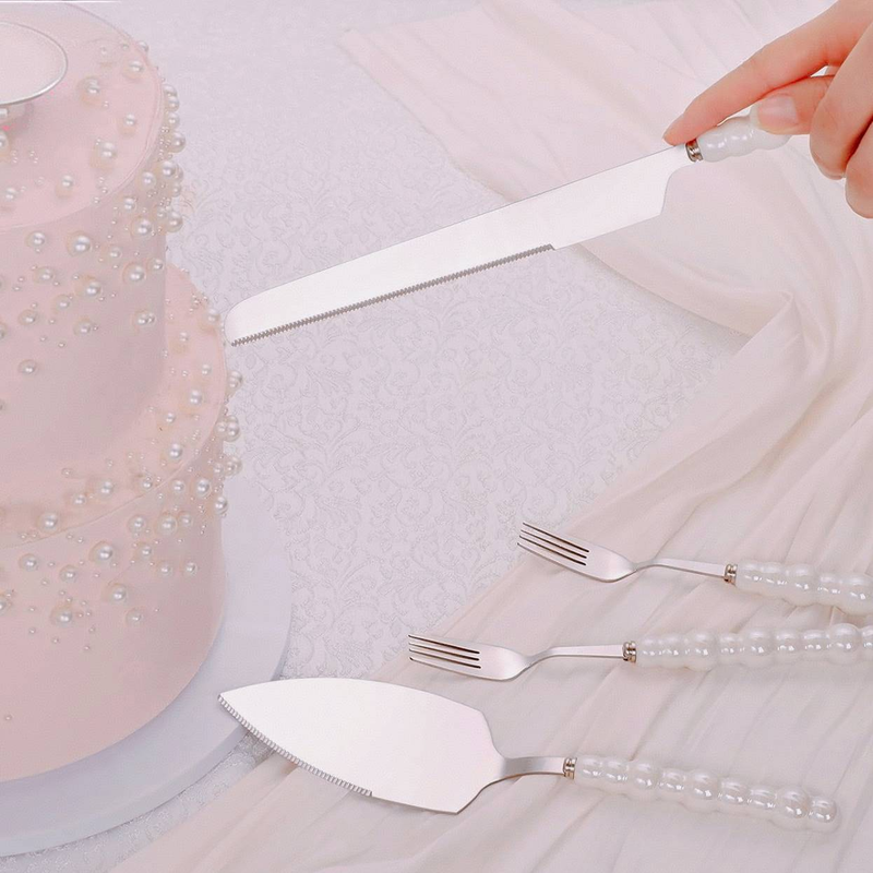 4pcs/5pcs Ceramic Pearl Wedding Cake Knife And Server Set With Forks, Cake Cutting Set,Dinnerware Set Tableware Set Flatware Set_voghion.com