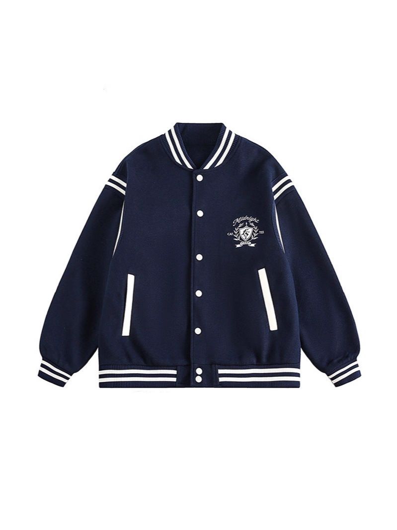Veste de baseball vintage avec badge brodé - Vêtements d'extérieur décontractés unisexes pour le printemps et l'automne (bleu marine, gris)_voghion.com