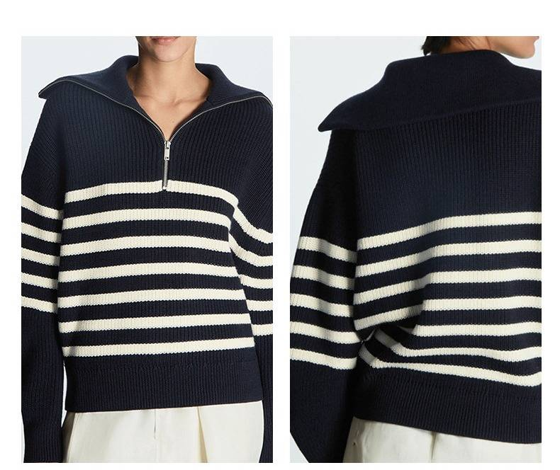 Gestreifter Rollkragenpullover aus Wollmischung für Damen – Dicker, übergroßer Strickpullover mit Laternenärmeln und Reißverschlussdetail_voghion.com