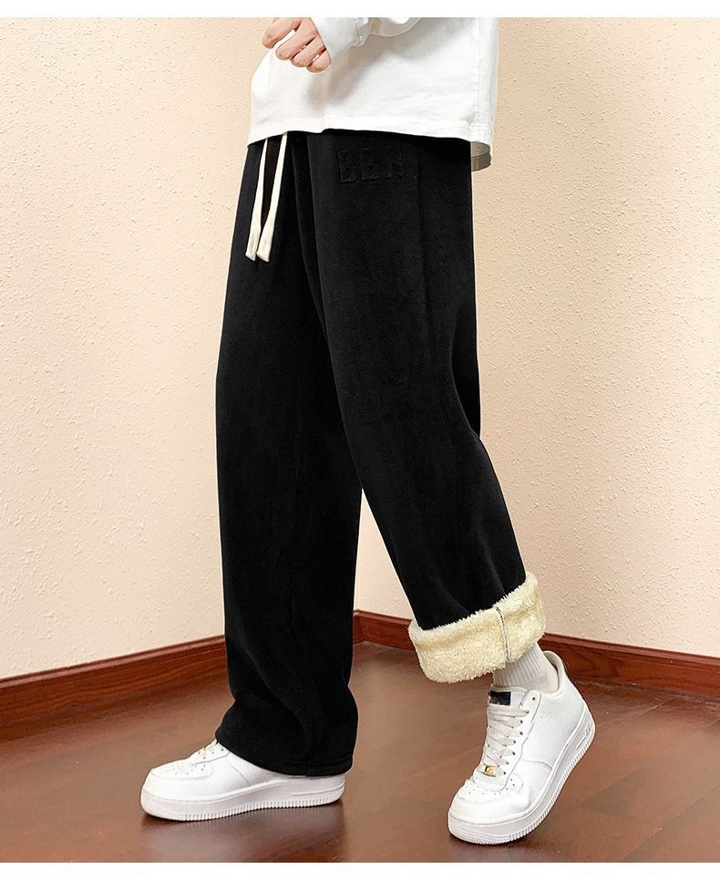 Pantaloni in pile pesante con fodera in sherpa – Vestibilità rilassata per l'inverno (nero/grigio scuro, stili dritti e affusolati)_voghion.com