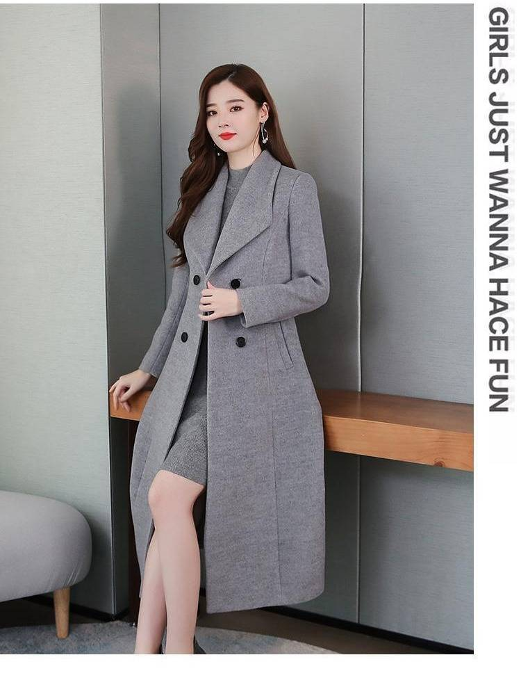 Women's Long Wool Trench Coat With Belted Waist, Double-Breasted Notch Lapel, Plus Size Overcoat For Autumn Winter_voghion.com