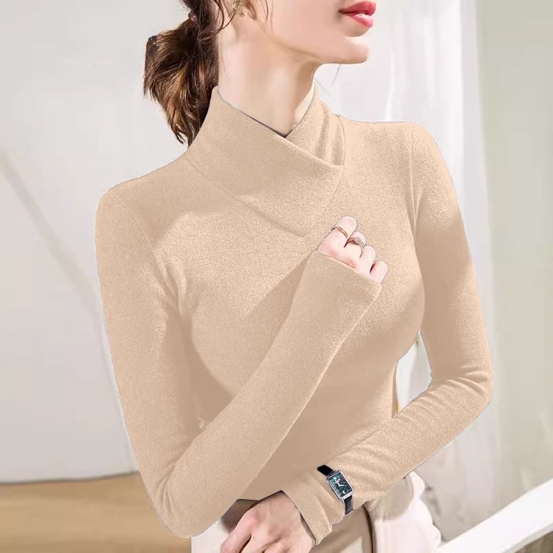 Strukturierter, gerippter Langarm-Rollkragenpullover – Slim Fit Thermo-T-Shirt für Damen Halbhoher Kragen, T-Shirt für Unter- und Oberbekleidung_voghion.com