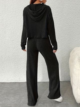 Ensemble élégant deux pièces à capuche et pantalon large pour femme, couleur unie, automne 2024_voghion.com