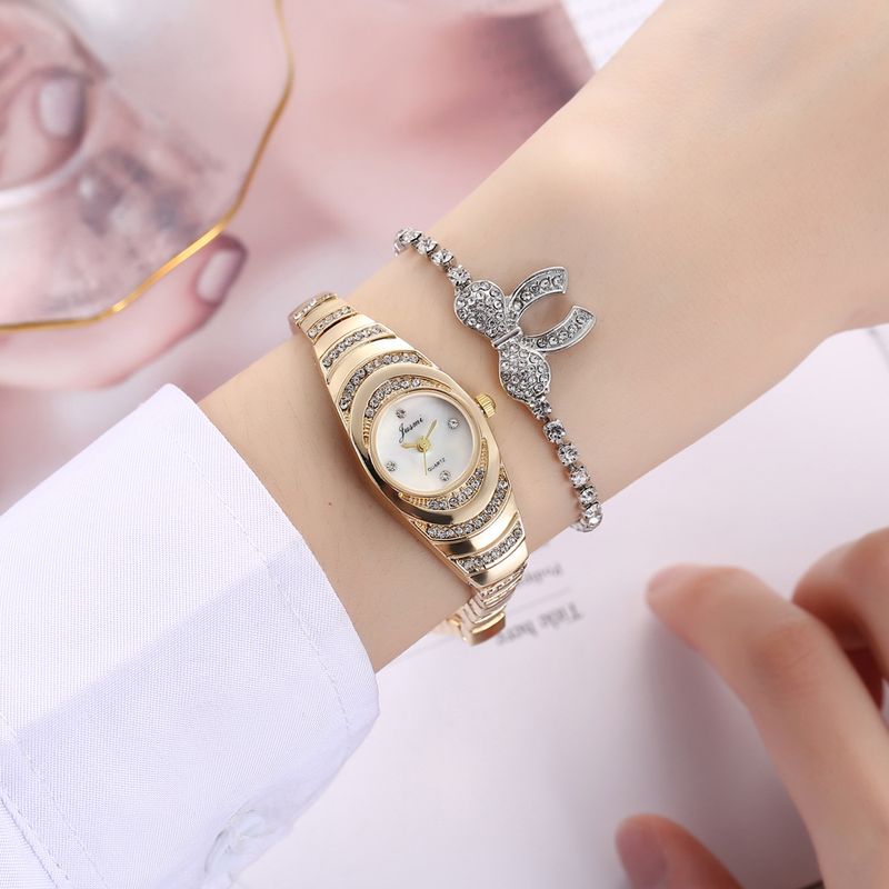 Diamond studded small dial thin strap personalized trendy steel strap quartz watch + bracelet (2pcs/set)_voghion.com