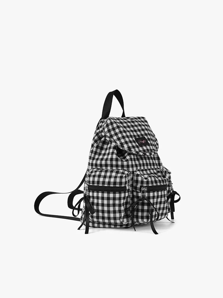 Checkered Women's Large Capacity Bow Backpack Multifunctional Casual Nylon School Bag 2025 New_voghion.com
