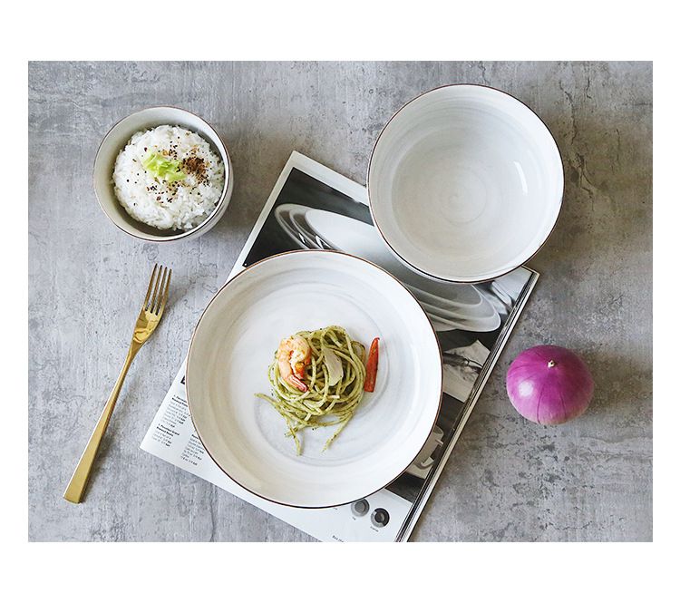 Keramik-Geschirrset im nordischen Stil – Einzelportionsschüsseln und -teller mit Marmormuster und Goldrand, minimalistisches Geschirr für zu Hause_voghion.com