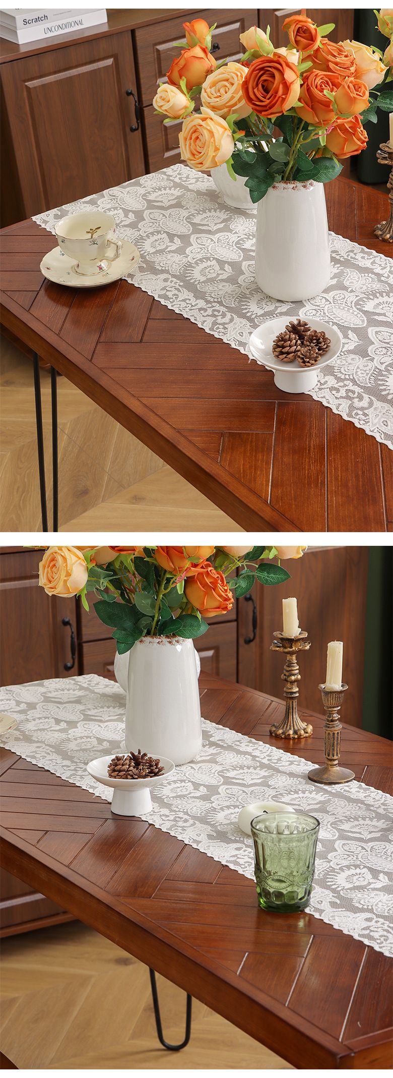 Vintage American Lace Table Runner - Crochet Cover For Coffee Table TV Stand & Dining Table (Farmhouse Decor Washable Cotton Handmade Boho Style)_voghion.com