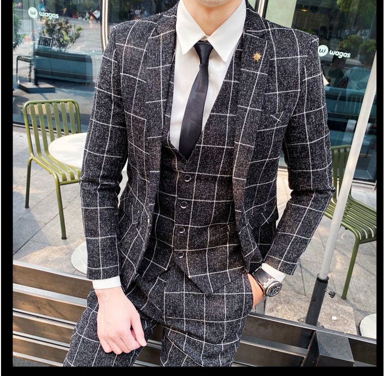 Ropa para hombre, traje a cuadros para hombre, traje de tres piezas, nuevo traje de negocios de moda ajustado para jóvenes de otoño_voghion.com