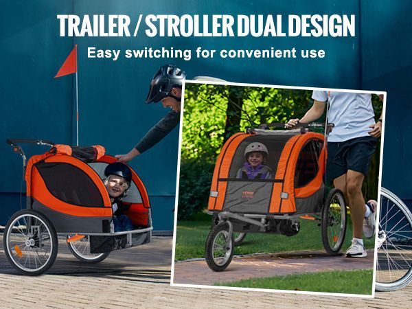 VEVOR Bike Trailer For Toddlers, Kids, Double Seat, 100 Lbs Load, 2-In-1 Canopy Carrier Converts To Stroller, Tow Behind Foldable Child Bicycle Trailer With Universal Bicycle Coupler, Orange And Gray_voghion.com