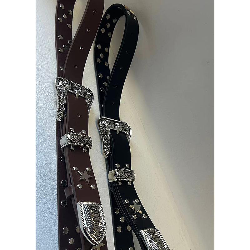 Punk girl three-dimensional five-pointed star rivet millennium y2k retro hot girl concave shape versatile leather belt belt_voghion.com