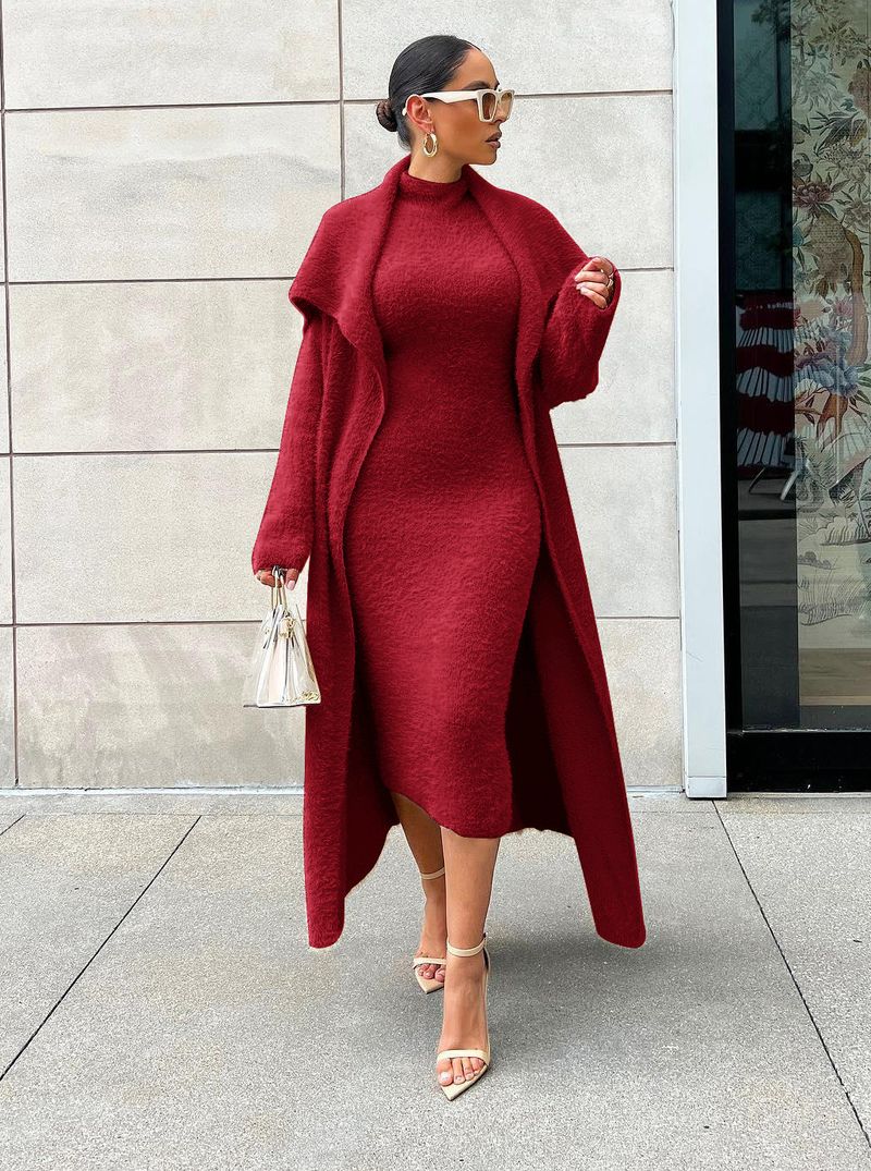 Abbigliamento donna temperamento abito e cappotto due pezzi moda transfrontaliera ampio lungo cardigan velluto completo_voghion.com