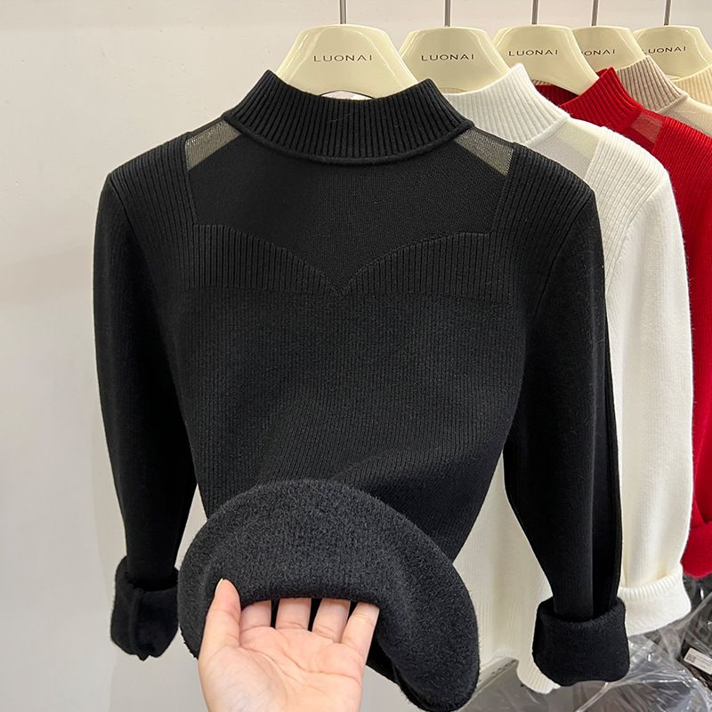 Suéter de punto con forro polar para mujer, jersey grueso y cálido de invierno, cuello semialto, manga larga, informal, color liso_voghion.com