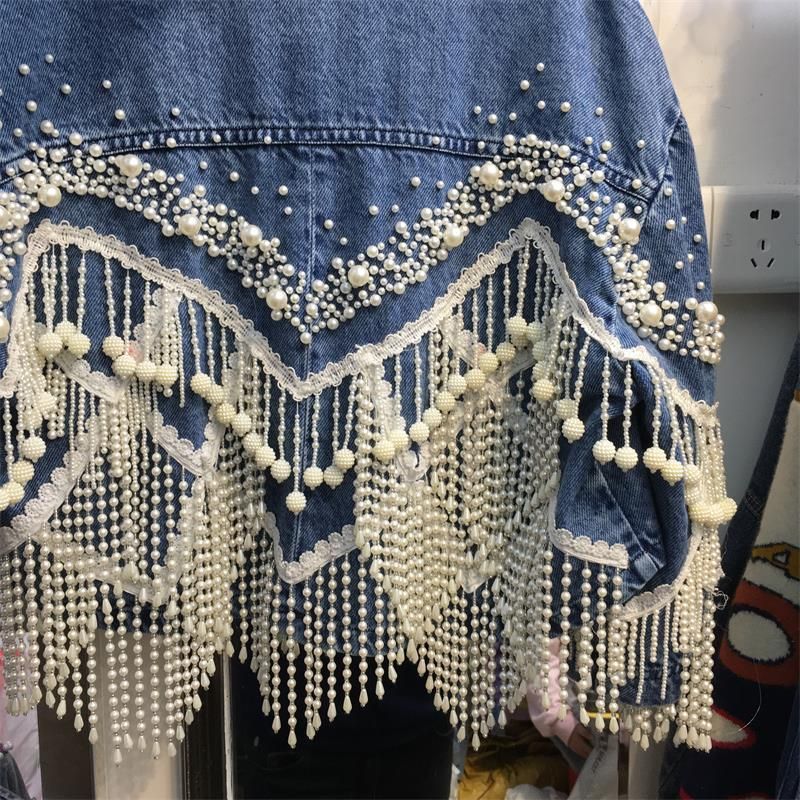 Damenbekleidung Heavy Duty Nagelperlen Quaste Jeansjacke Damen 2024 Frühjahr Neue lose Straße Strahlloch Trendy Top_voghion.com