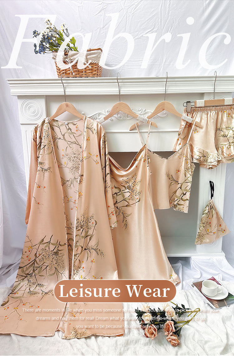 Women's Sleepwears Simple Five Piece Home Wear Set, Printed Cherry Pajamas For Women, Thin Nightgown, Suspenders, Shorts, Suspender Skirt Set_voghion.com