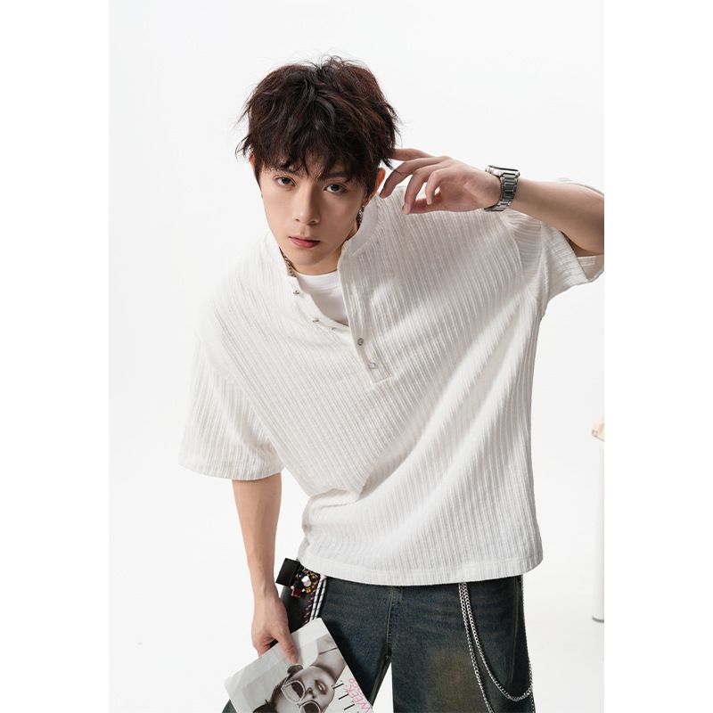 Old Money Style Henry Collar Short Men's 2025 Summer New High-end Loose Textured T-shirt V-neck Versatile Half Sleeve_voghion.com