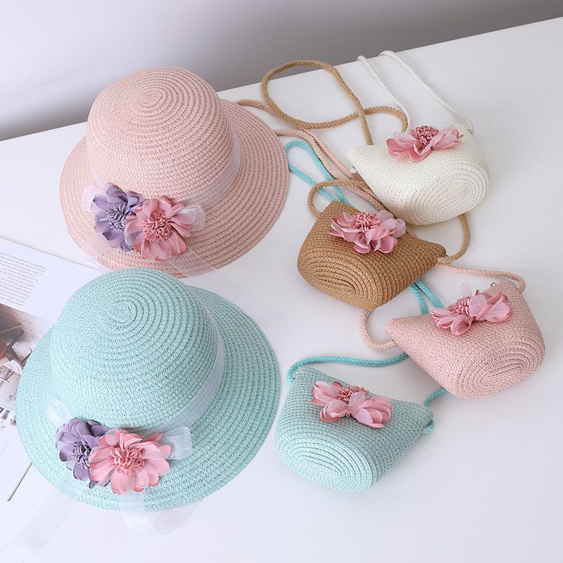 Neue Sommerkinderstroh-Eltern-Kind-kleine Umhängetasche Set Mädchen Baby Blume Fischertopf Big Eaf Sonnenblende Hut_voghion.com