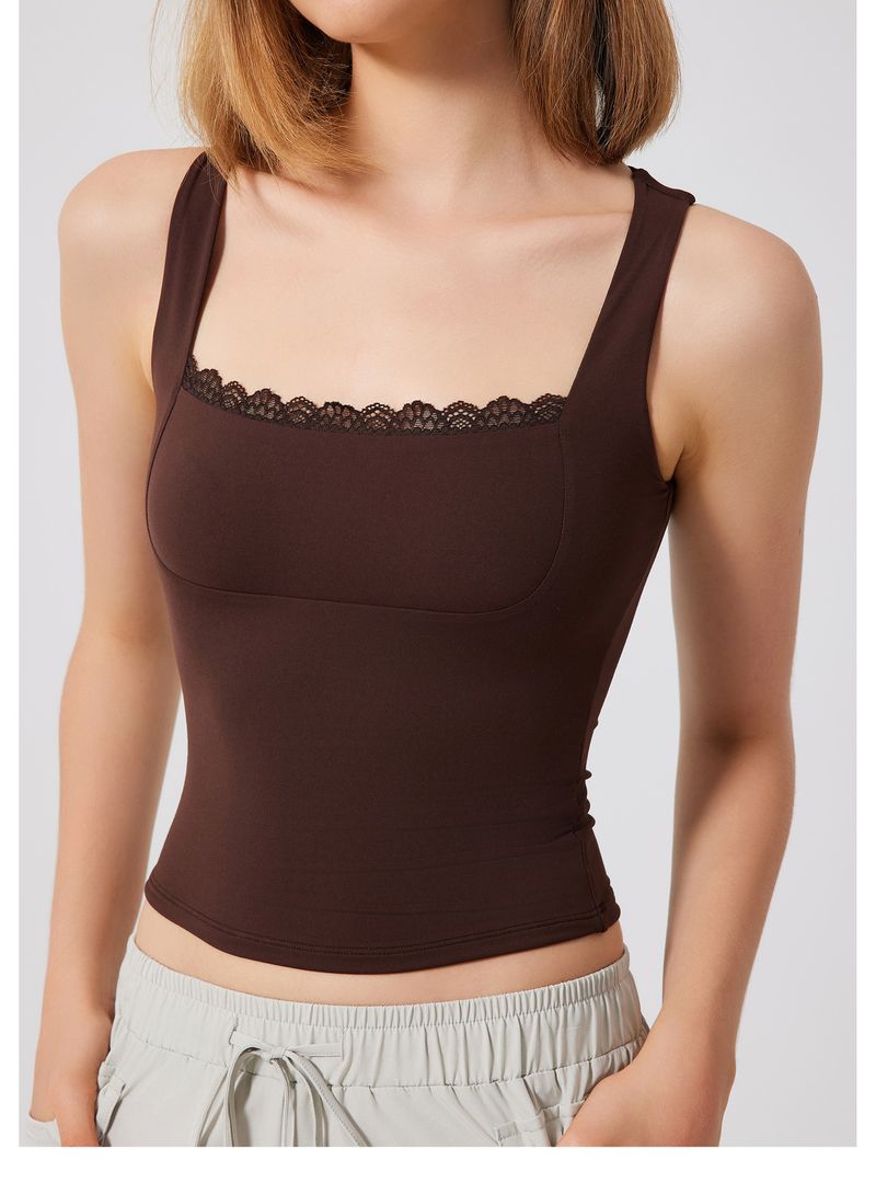 Beautiful Back Sports Vest, Women's Nude Lace Yoga Suit, Double-layer T-shirt, Breathable Running And Fitness Top For_voghion.com