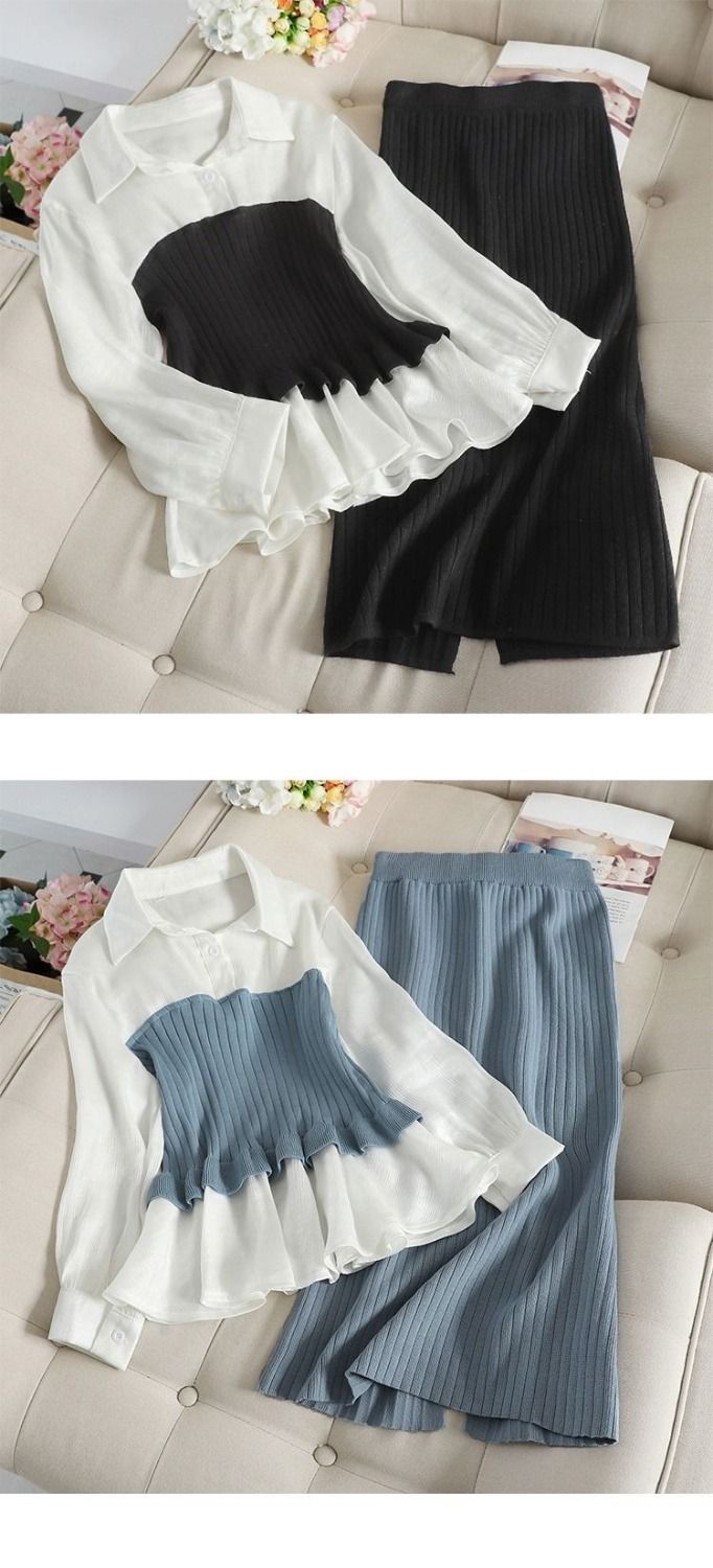 Vrouwen Slim Fashion Gebreide Onderkant Trui Jurk Tweedelig Pak Rok Studentenpak_voghion.com