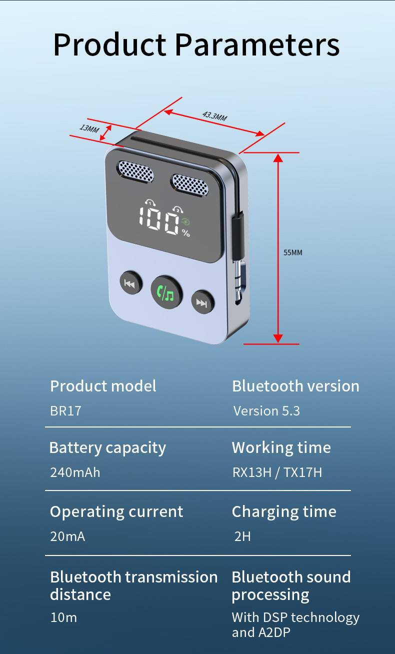 Ricevitore Bluetooth 5.3 BR17 - Adattatore doppio microfono per auto, altoparlante, auricolare - Batteria a lunga durata, ricarica rapida, modalità TX,_voghion.com
