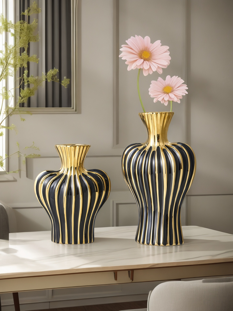 Vase en céramique à rayures de couleur assortie, design haut de gamme, idéal pour les décorations de scène haut de gamme et les fleurs._voghion.com