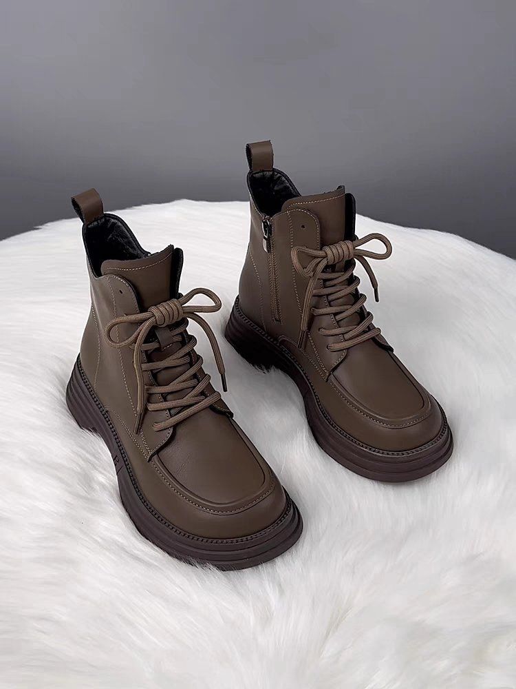 Soft Leather And Down-lined Marten Boots, Women's Cotton Boots, 2025 Autumn-winter New Style, Thick Sole, Warm And Cozy Short Boots_voghion.com
