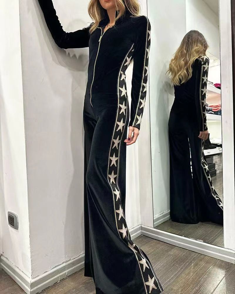Women's Fashion velvet splicing printed long-sleeved wide-leg jumpsuit_voghion.com