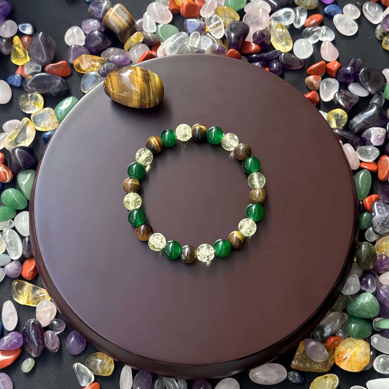 Prosperity Bracelet – Natural Tiger Eye, Green Agate & White Crystal Healing Stone Jewelry, Adjustable Elastic String_voghion.com