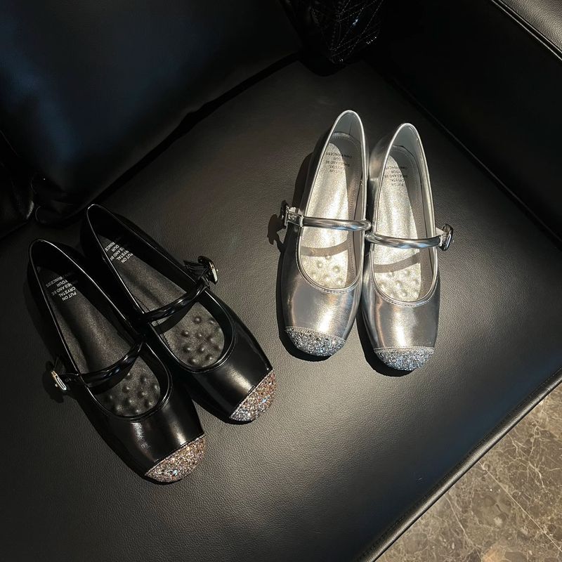 2025 Silver Hidden Heel Women's Single Patchwork Round Toe Soft Sole Flat Ballet One Strap Mary Jane Shoes Women_voghion.com