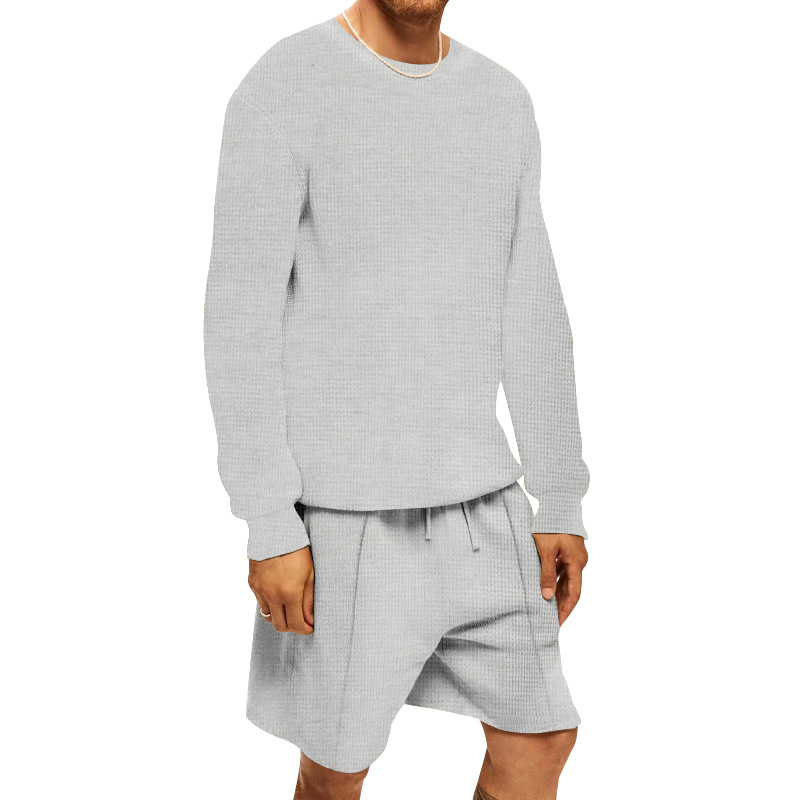 Waffle T-shirt Summer Men's Casual Sports Long Sleeve Shorts Two Piece Set for Men_voghion.com