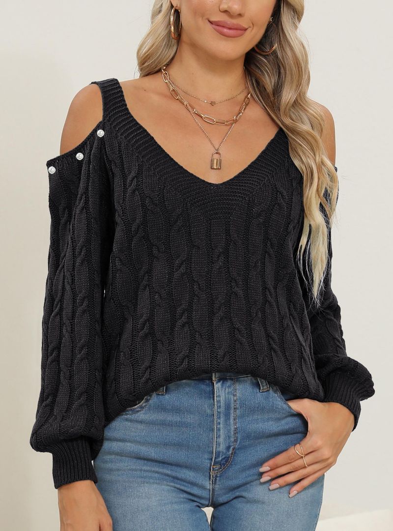 Maglione lavorato a maglia da donna, autunno inverno, con scollo a V profondo, sexy e largo, con spalle scoperte, 67201_voghion.com