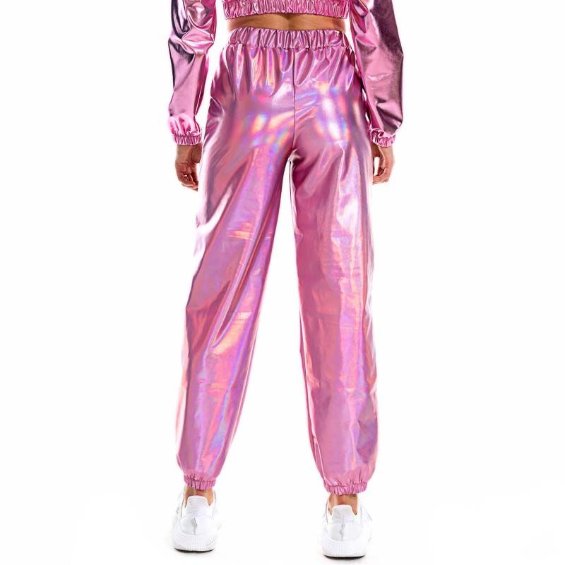 Heißer verkauf Glänzend Holographische Frauen Lose Hohe Taille Metallic Hosen Dance Performance Hip Hop Hosen Streetwear Jogger_voghion.com