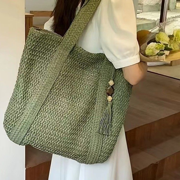 Borsa tote in paglia intrecciata a macchina, stile coreano, da donna, grande capacità, con nappe, da spiaggia_voghion.com