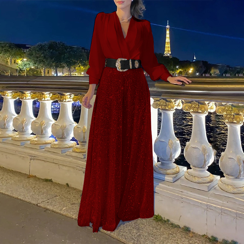 Neues modisches Langarmhemd mit V-Ausschnitt, elegante, taillenformende, schlankmachende Hose mit weitem Bein und Pailletten und Gürtel_voghion.com