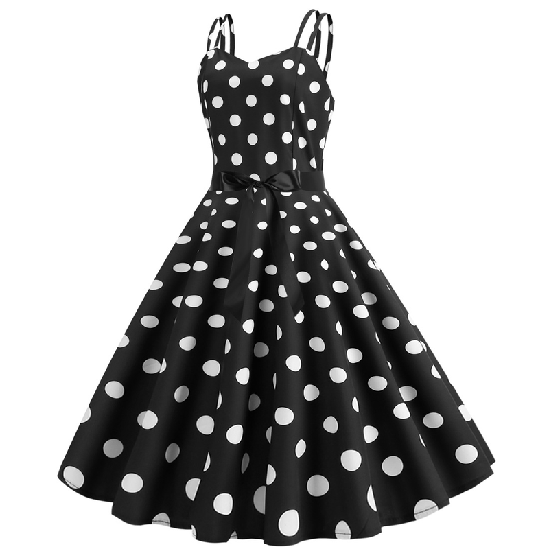 L8036 Neue Sommer frauen Sexy Doppel Strap Open Back Polka Dot Print A-linie Kleid_voghion.com